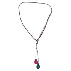 White Gold Necklace with Diamonds, Sapphires, Rubellite and Tourmaline