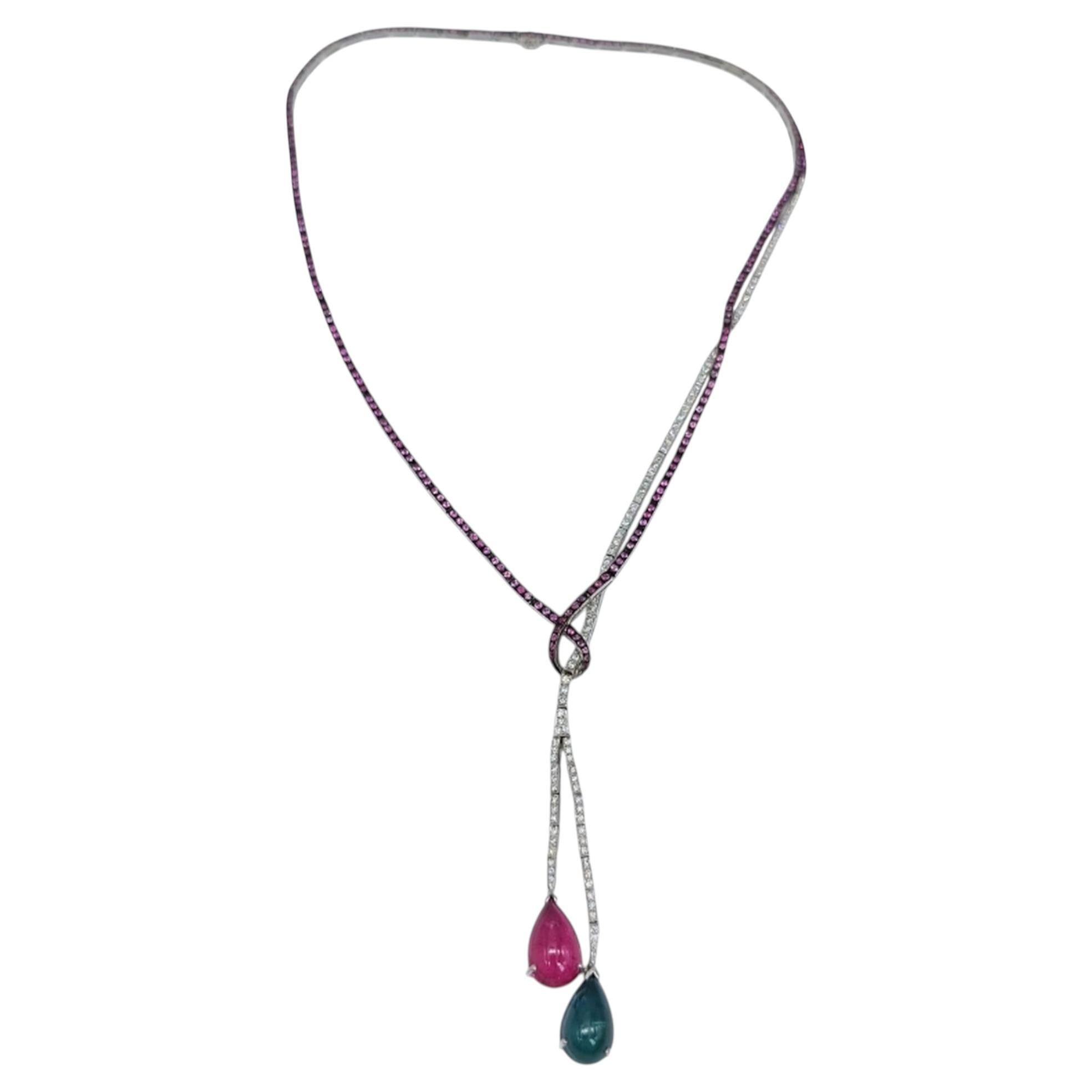 Collier en or blanc avec diamants, saphirs, rubellites et tourmalines