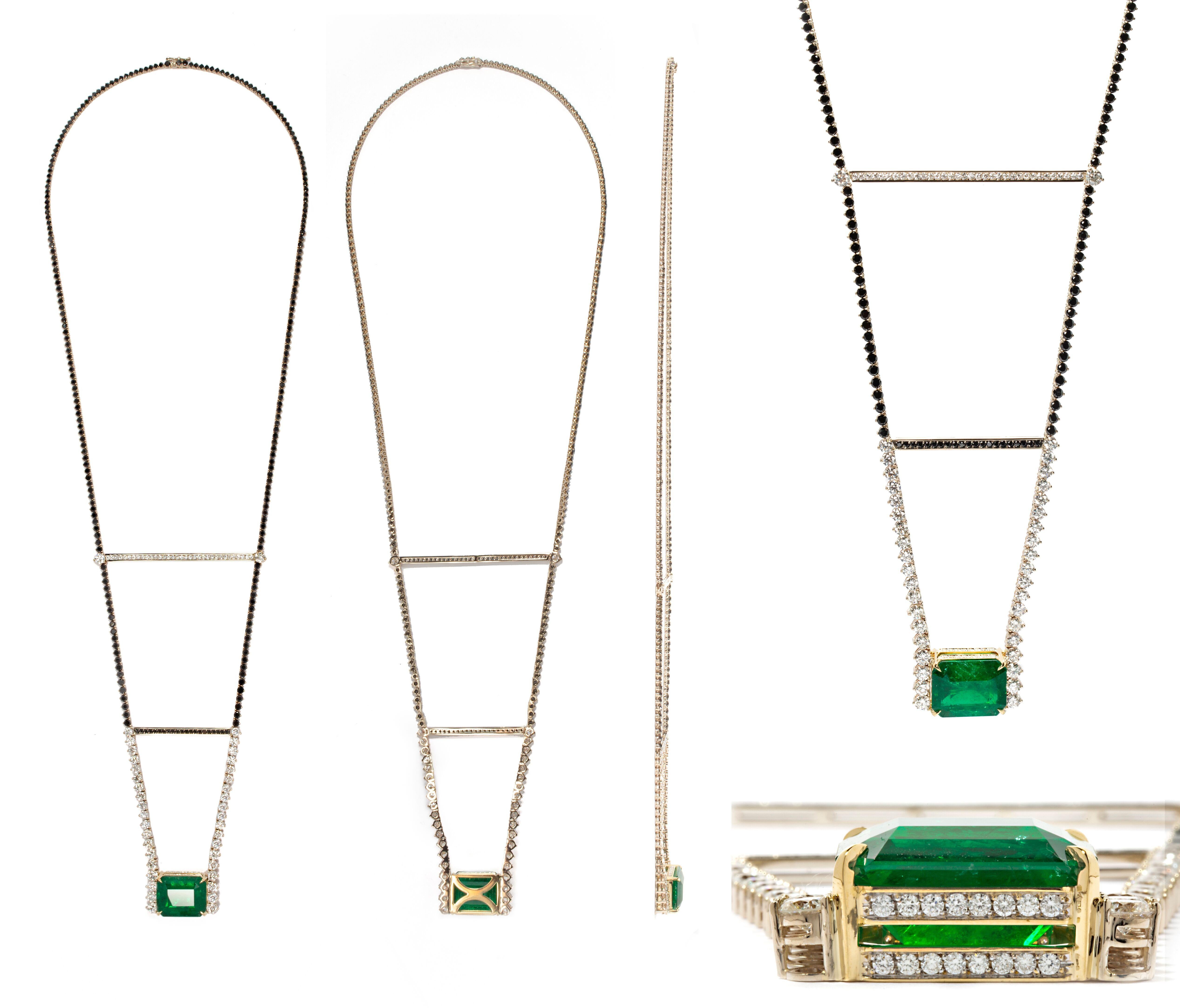 Contemporary 26, 44ct Emerald & 29, 31ct Diamonds 18K White Gold Necklace For Sale