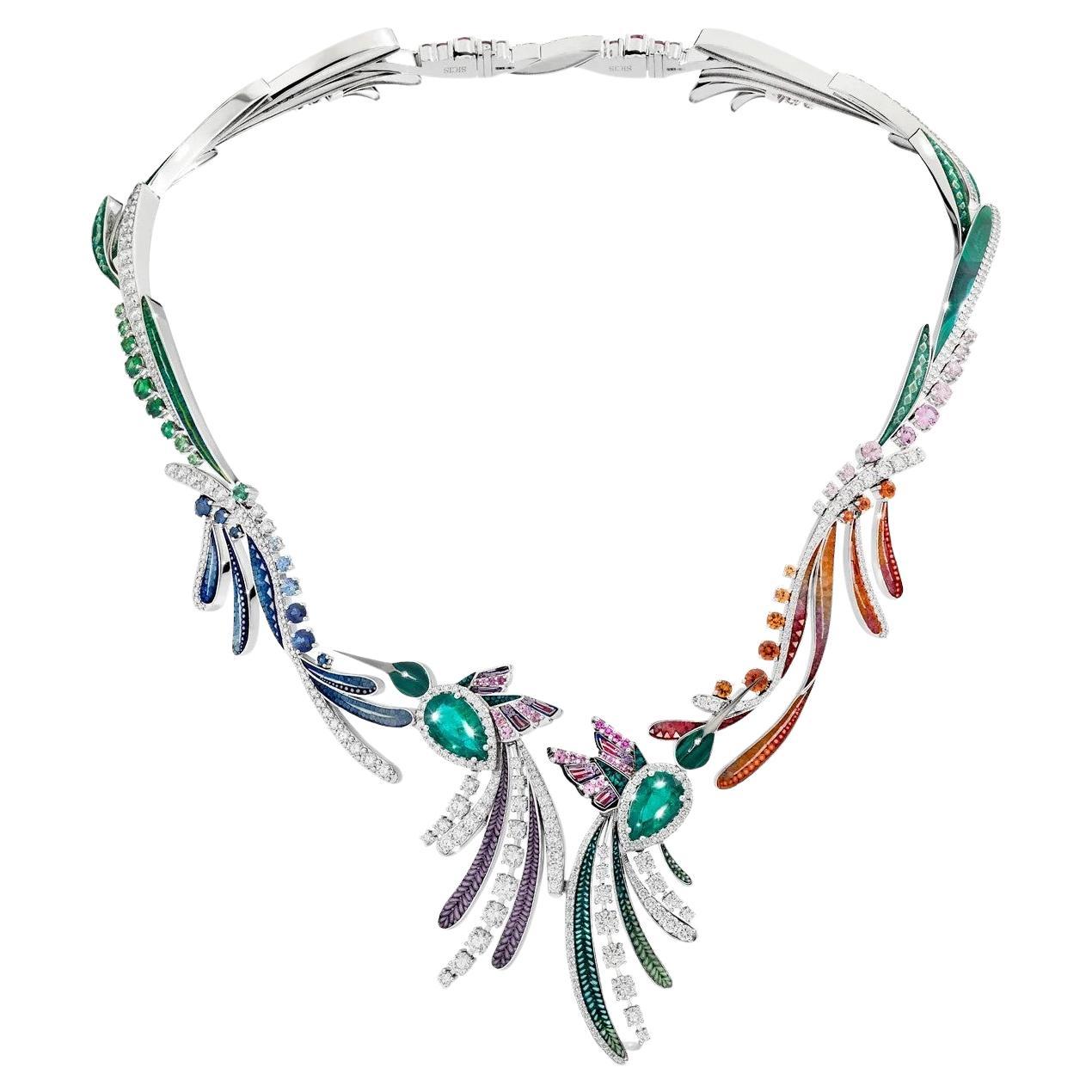 White Gold  Necklace with Emeralds, Sapphires Malachite, White Diamonds