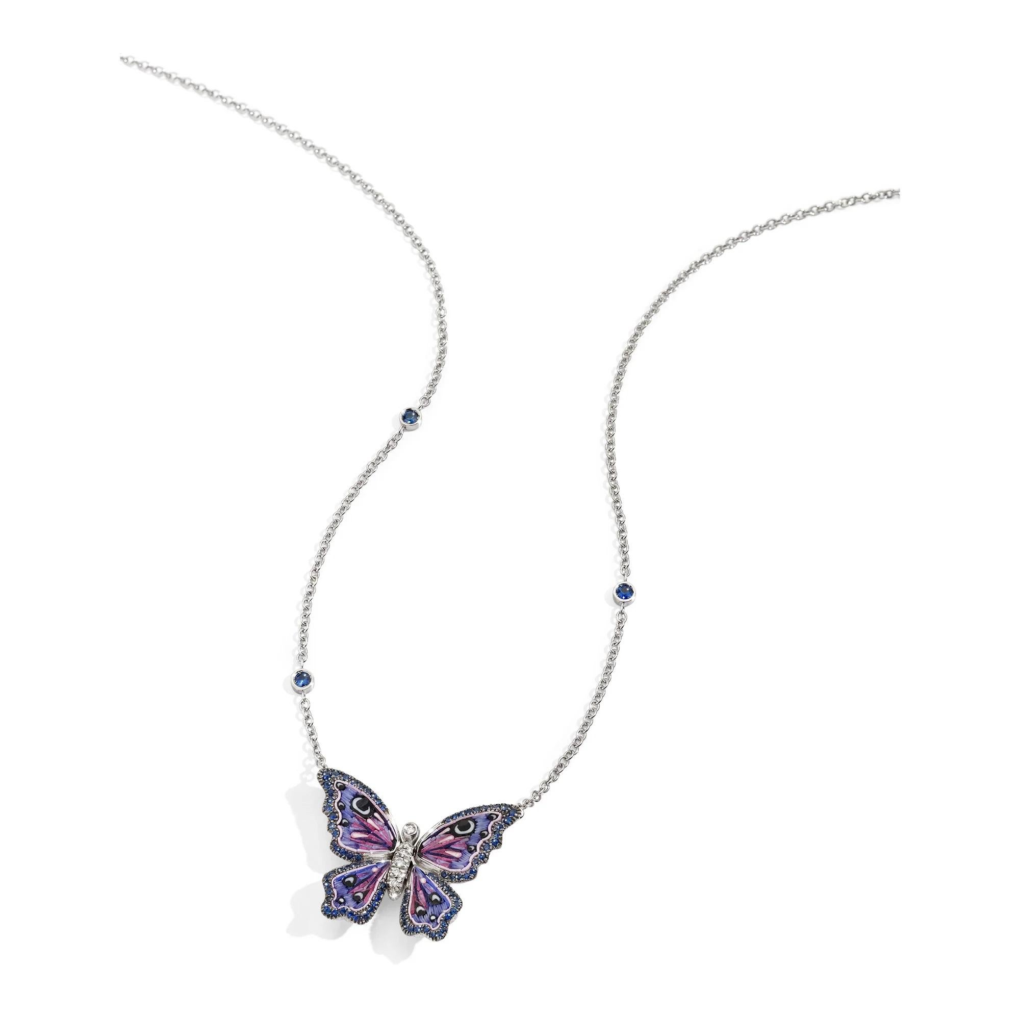Elevate your spirit with the majestic allure of the Purple Emperor butterfly-inspired necklace.
 Handcrafted with pristine white gold, adorned with radiant diamonds, captivating blue sapphires, and intricate micromosaic, it embodies regal elegance.
