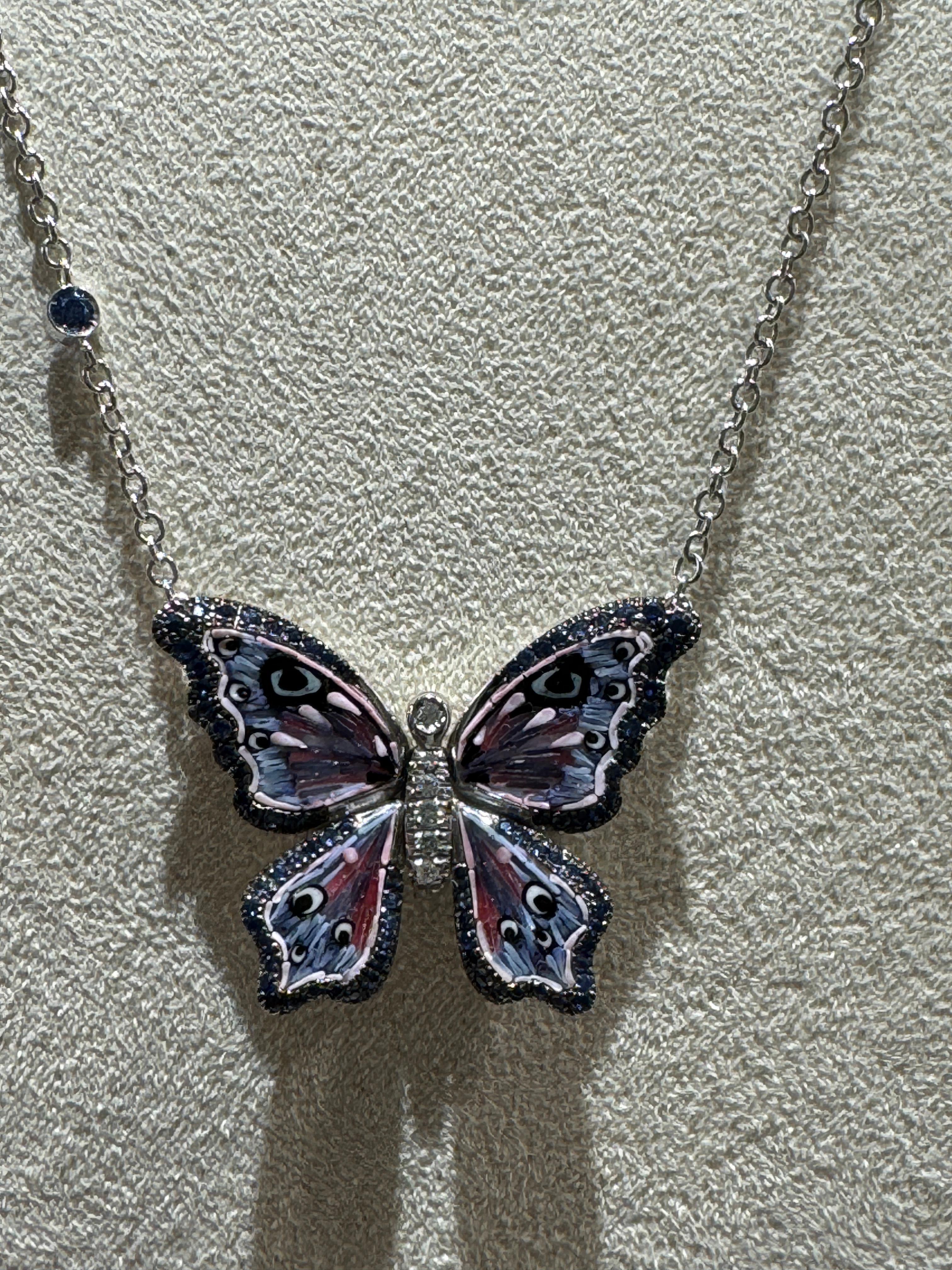 Modern White Gold Necklace with White Diamonds, Blue Sapphires and Micromosaic For Sale