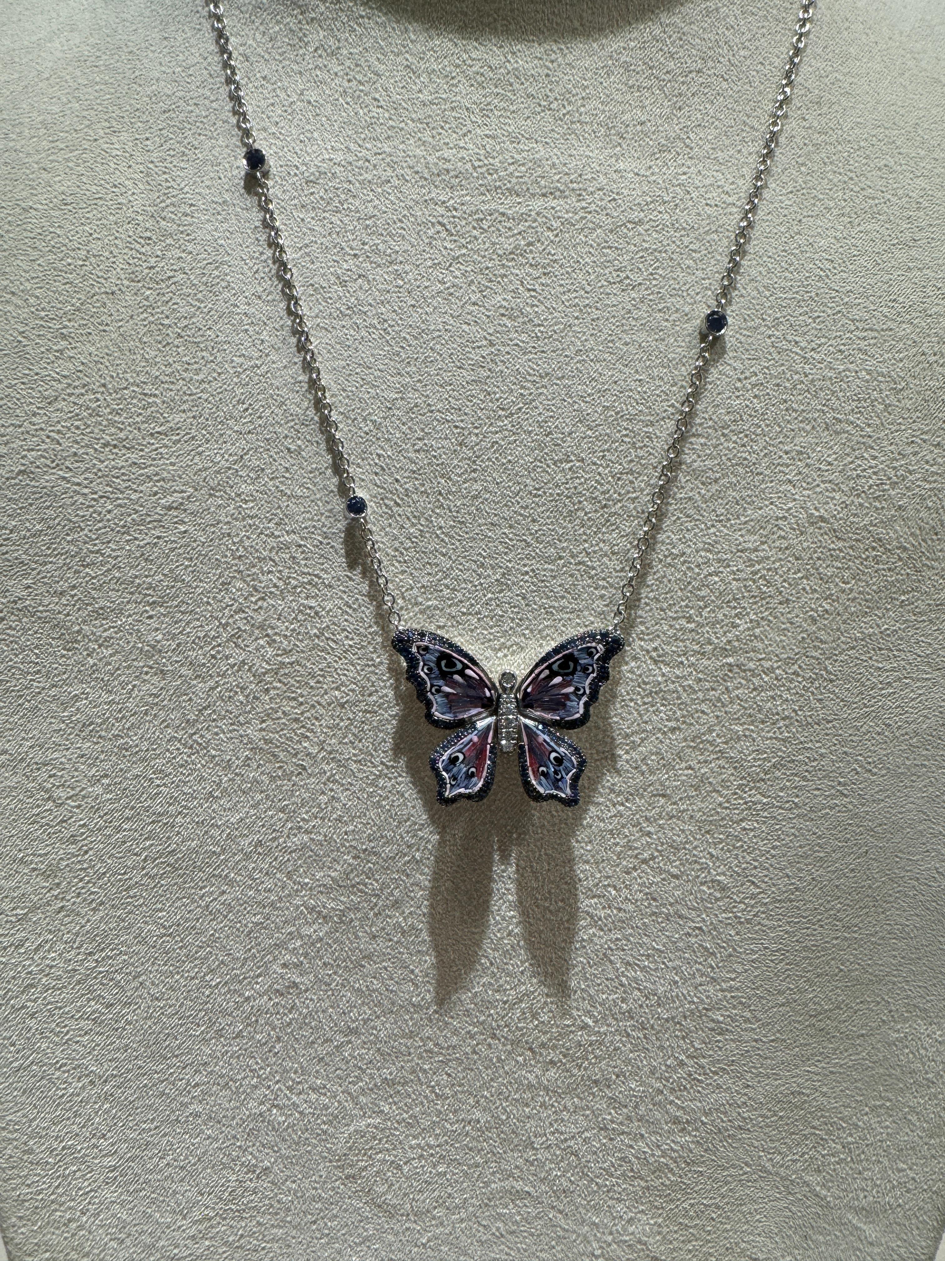 Round Cut White Gold Necklace with White Diamonds, Blue Sapphires and Micromosaic For Sale