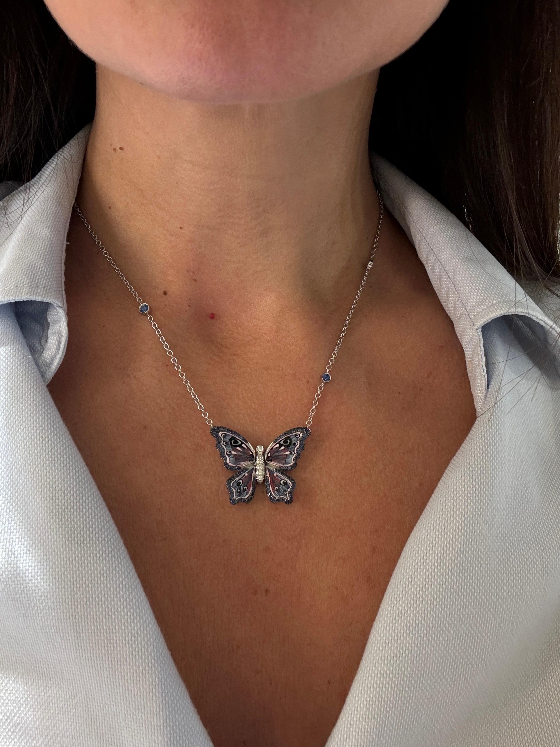 White Gold Necklace with White Diamonds, Blue Sapphires and Micromosaic In New Condition For Sale In London, GB