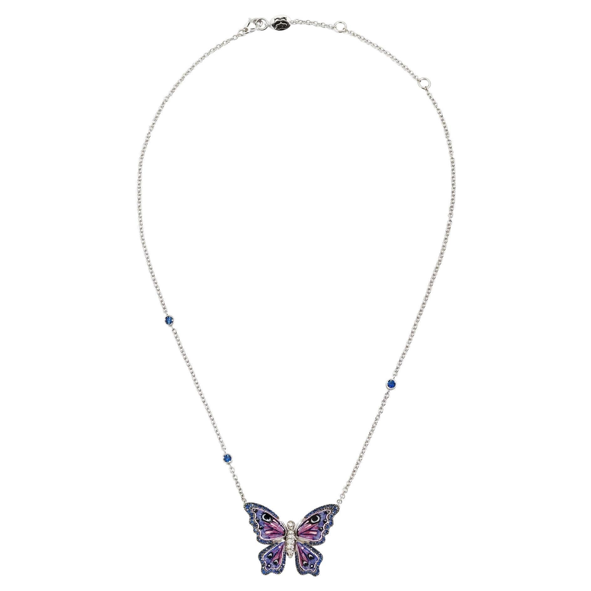 White Gold Necklace with White Diamonds, Blue Sapphires and Micromosaic