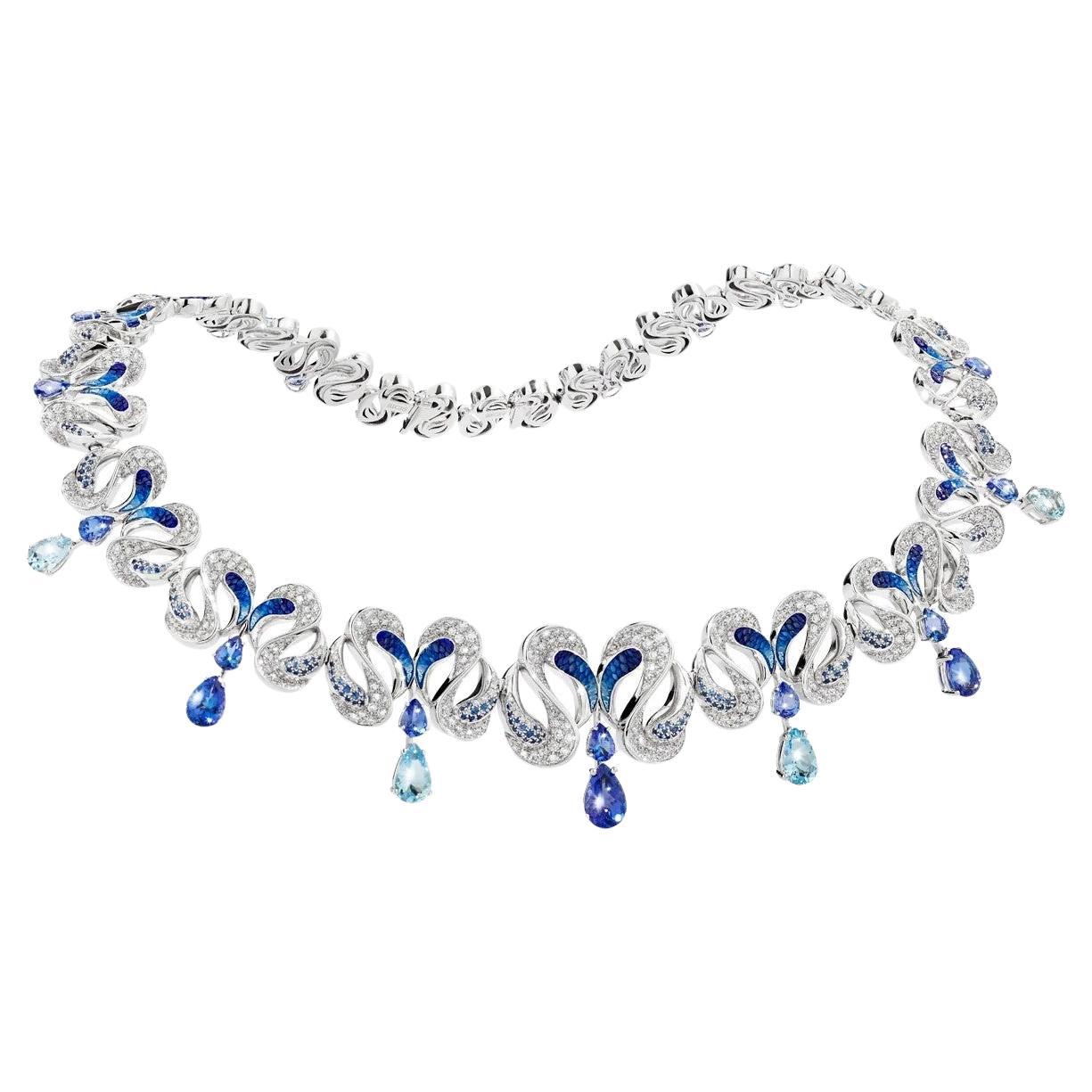 Collana in oro bianco con diamanti bianchi, tanzanite, acquamarina e zaffiro blu
