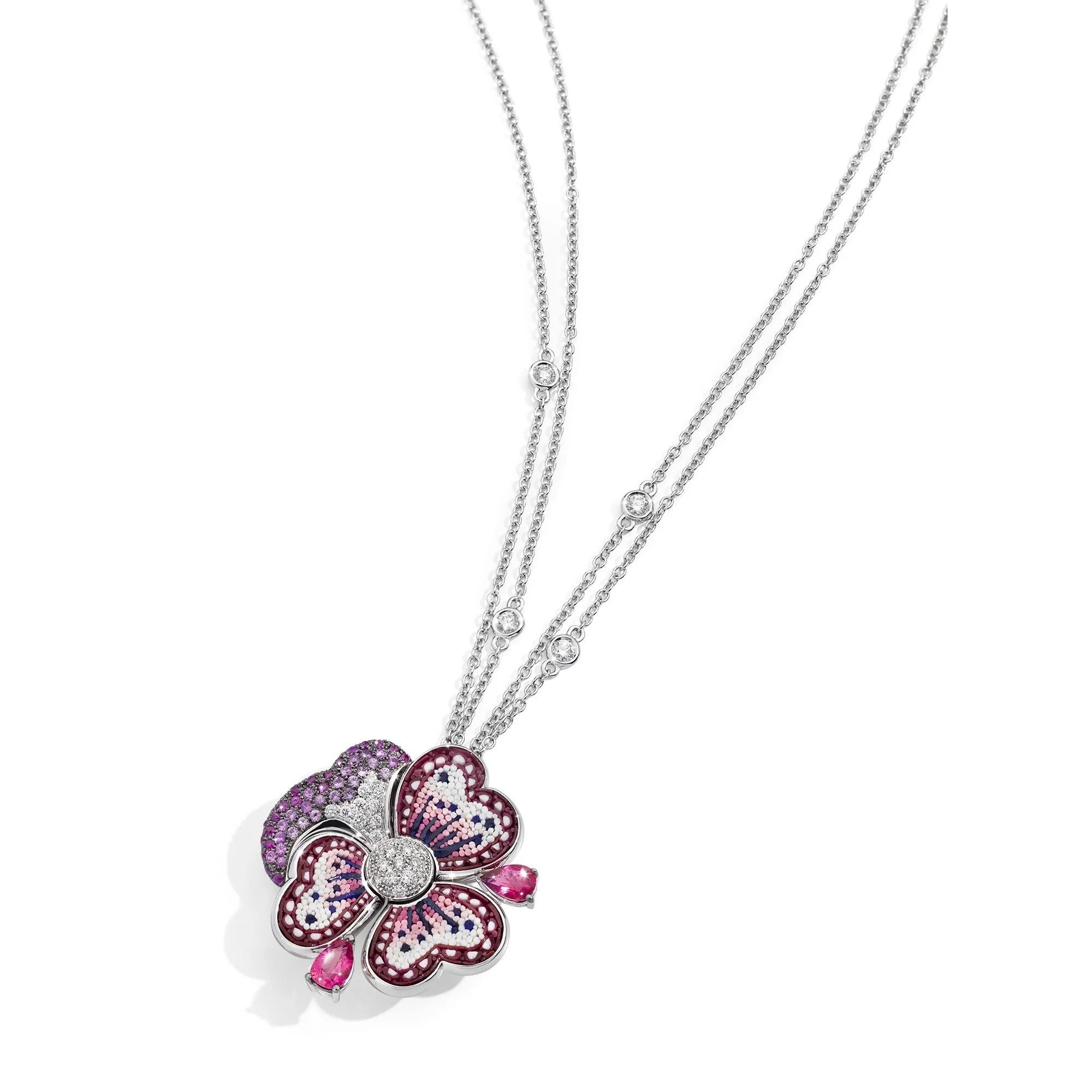 Mixed Cut White Gold Necklace with White Diamonds, Tourmalines, Sapphires and Micromosaic For Sale