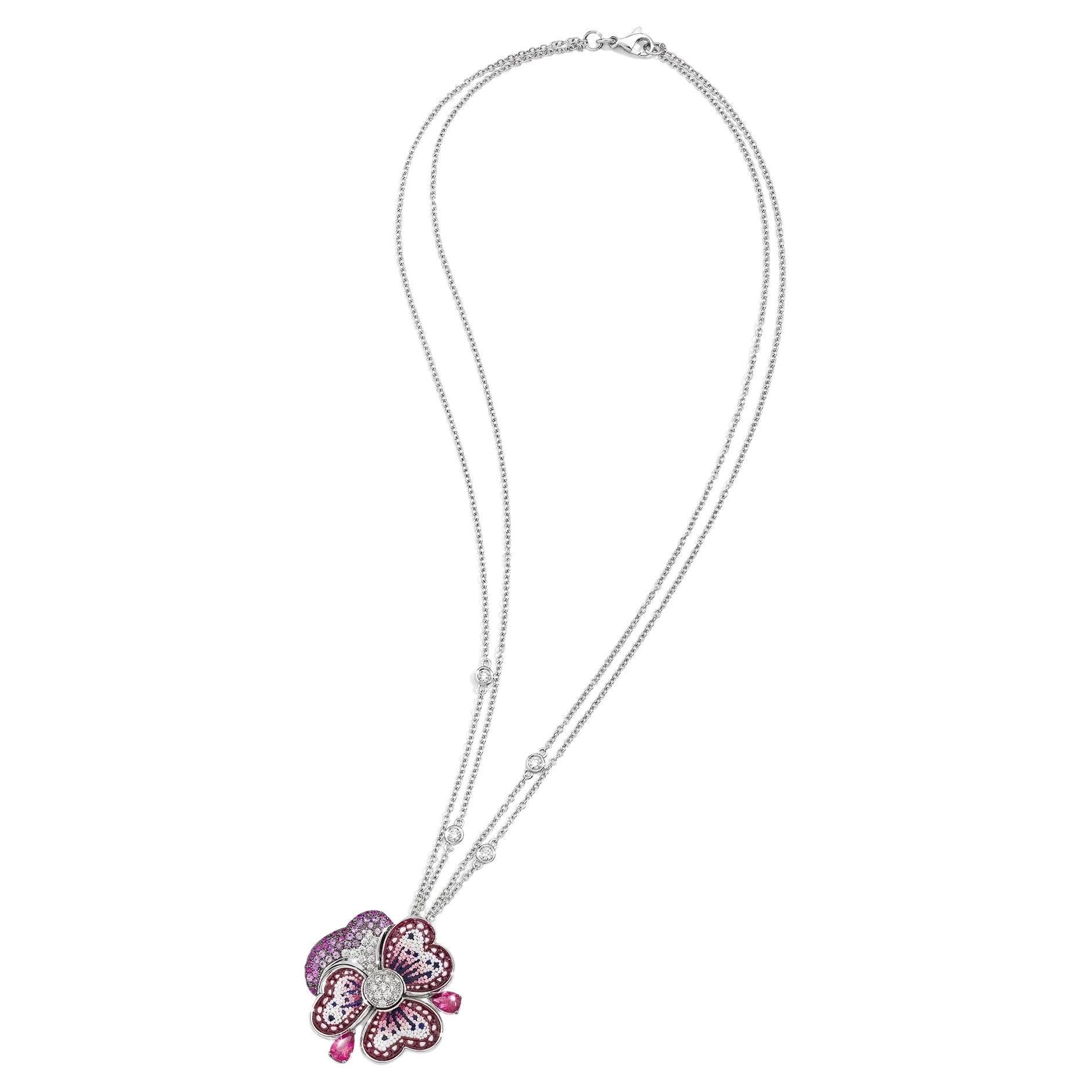 White Gold Necklace with White Diamonds, Tourmalines, Sapphires and Micromosaic For Sale