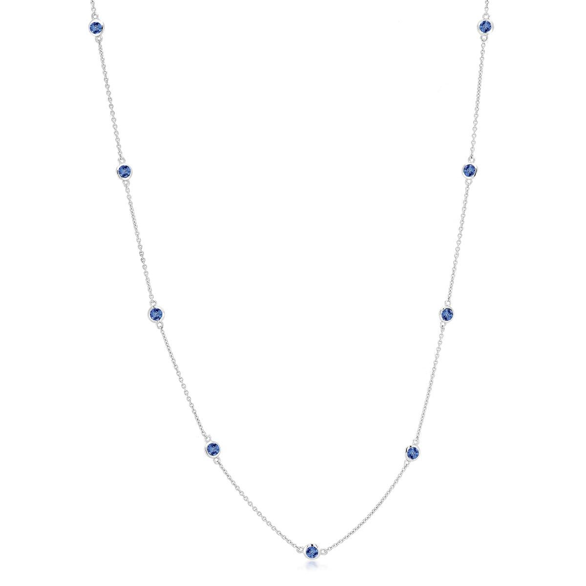 Round Cut White Gold Nine Blue Sapphire Bezel Set Pendant Necklace Weighing 3 Carat