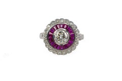 White Gold Old European Cut Diamond and Calibré Ruby Target Ring