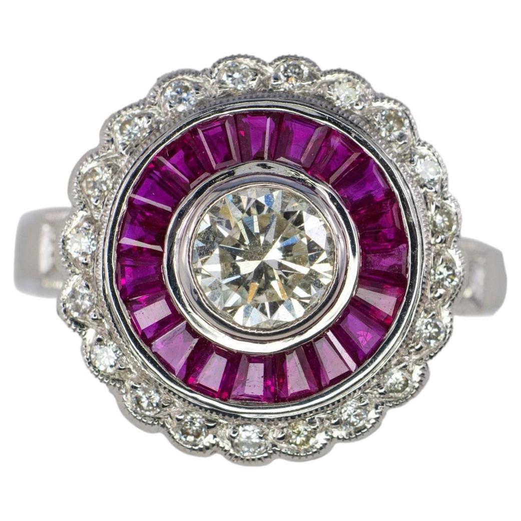 White Gold Old European Cut Diamond and Calibré Ruby Target Ring
