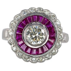 White Gold Old European Cut Diamond and Calibré Ruby Target Ring