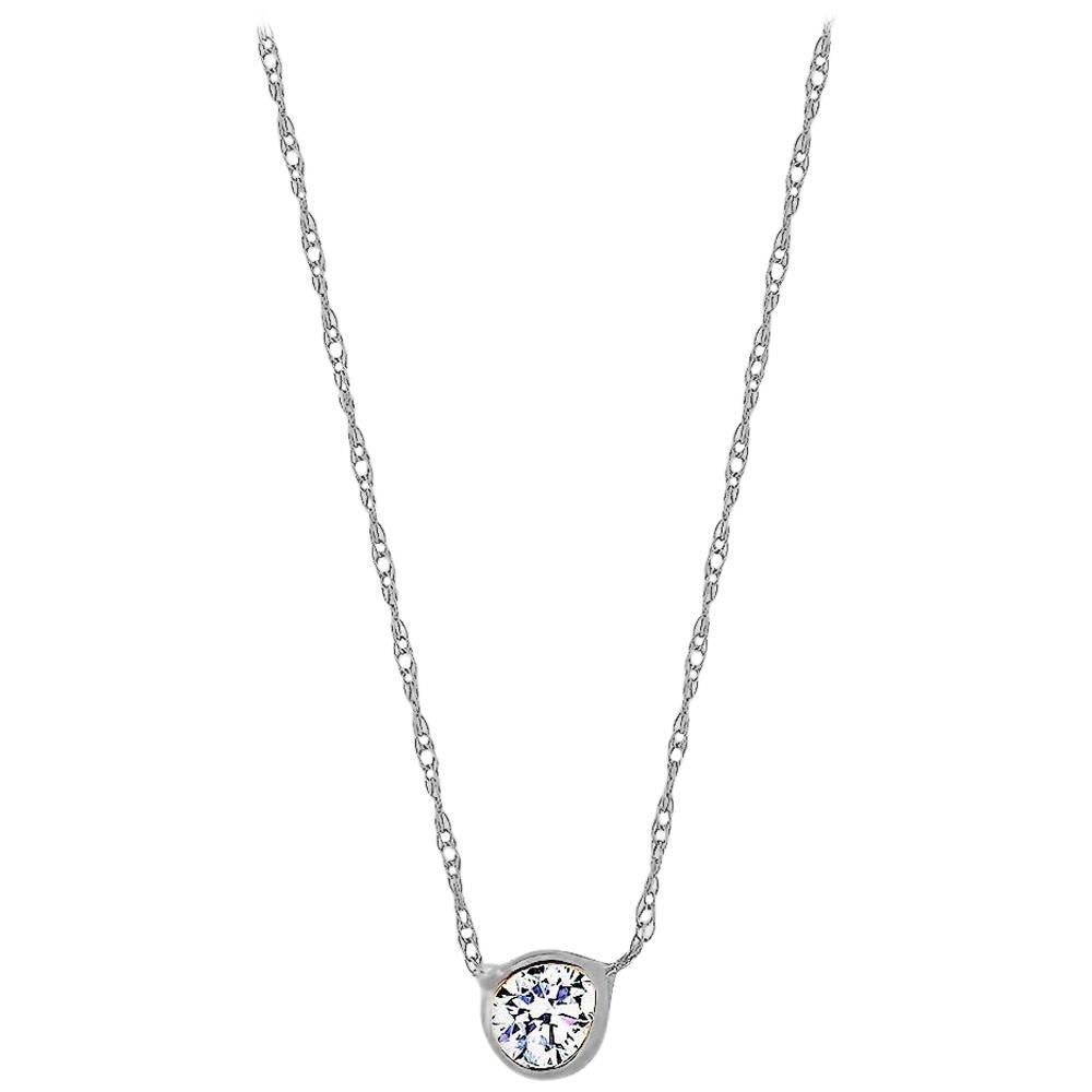 White Gold One Bezel-Set Diamond Forty Five Points Pendant Necklace