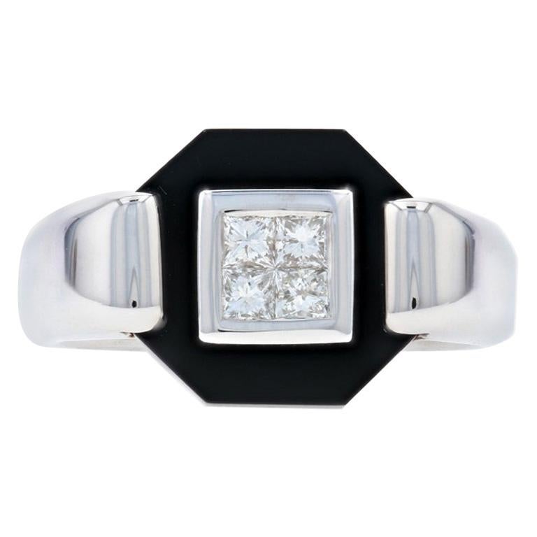 White Gold Onyx and Diamond Cluster Halo Ring, 18 Karat Princess Cut .20 Carat