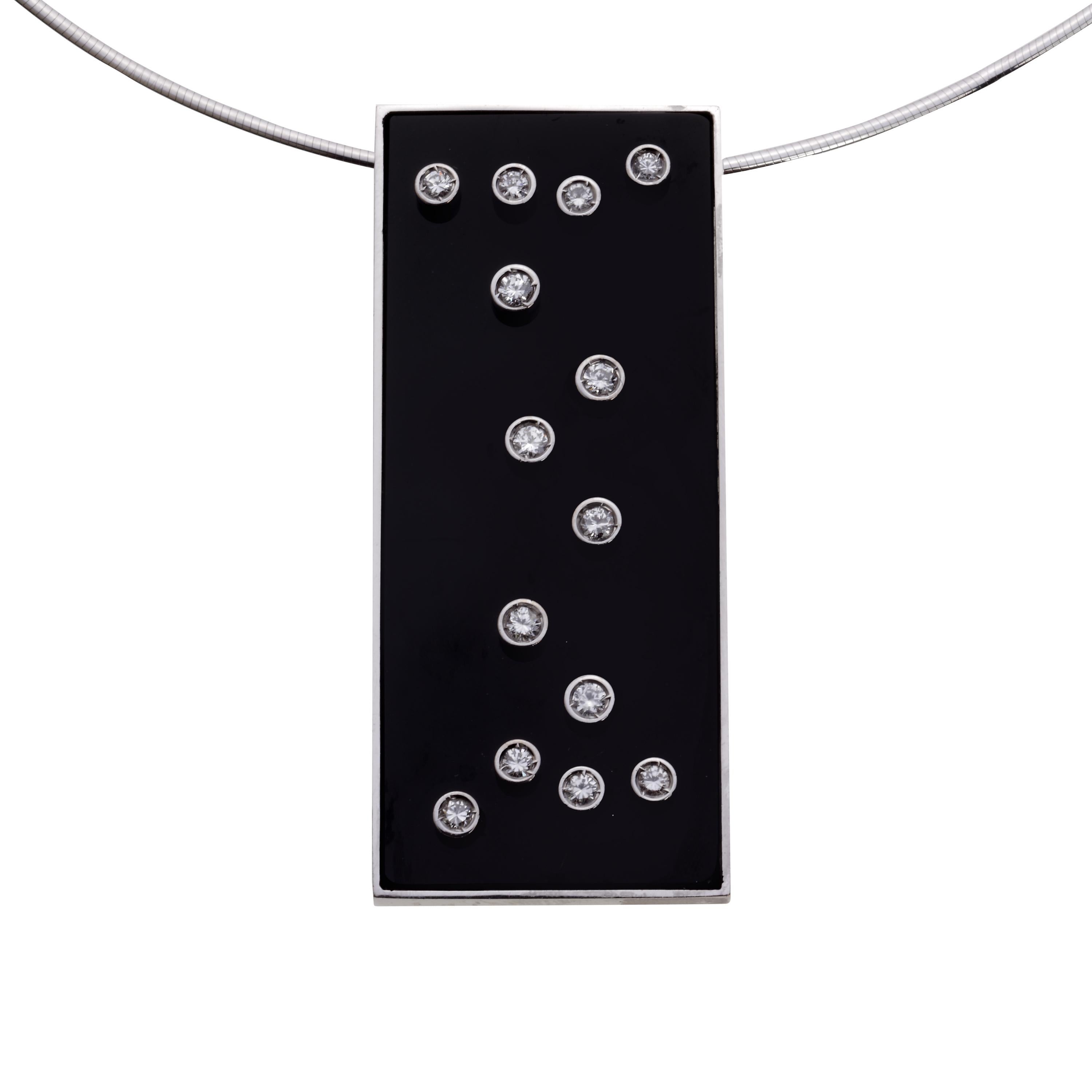 White Gold Onyx and Diamond rectangular minimalist Pendant