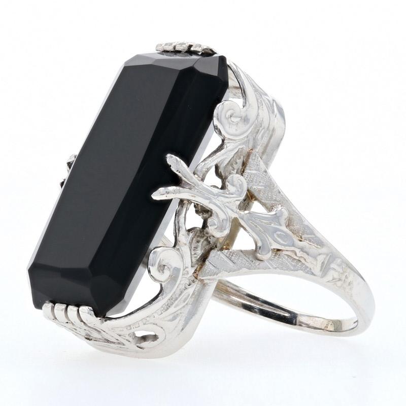 White Gold Onyx Art Deco Cocktail Solitaire Ring, 10k Vintage Women's 2
