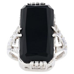 White Gold Onyx Art Deco Cocktail Solitaire Ring, 10k Vintage Women's
