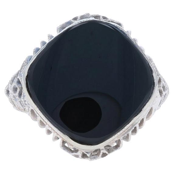 White Gold Onyx Art Deco Cocktail Solitaire Ring 14k Floral