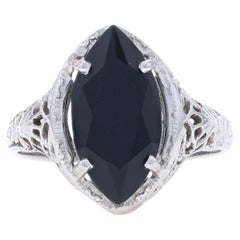 White Gold Onyx Art Deco Cocktail Solitaire Ring - 18k Antique Filigree Milgrain