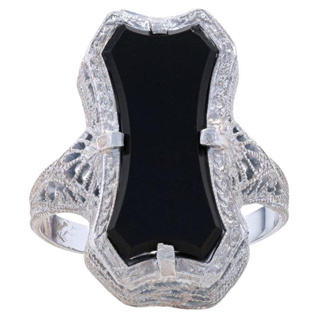 White Gold Onyx Cocktail Solitaire Ring - 14k Filigree