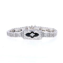 White Gold Onyx & Diamond Art Deco Link Bracelet 6 1/2" - 14k Vintage Filigree