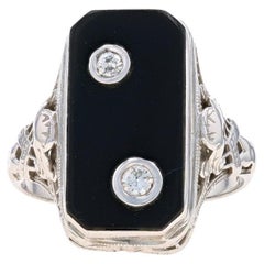 Anello in oro bianco con onice e diamanti in stile Art Deco - 14k .10ctw Vintage Filigree Two-Stone