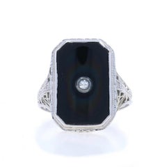 White Gold Onyx Diamond Art Deco Ring - 18k Vintage Filigree Milgrain