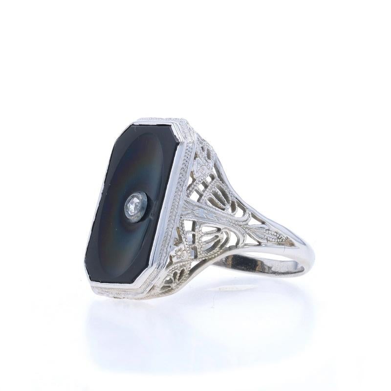 Anello Art Deco in oro bianco con diamante e onice - 18k Vintage Filigrana con grana In condizioni ottime in vendita a Greensboro, NC