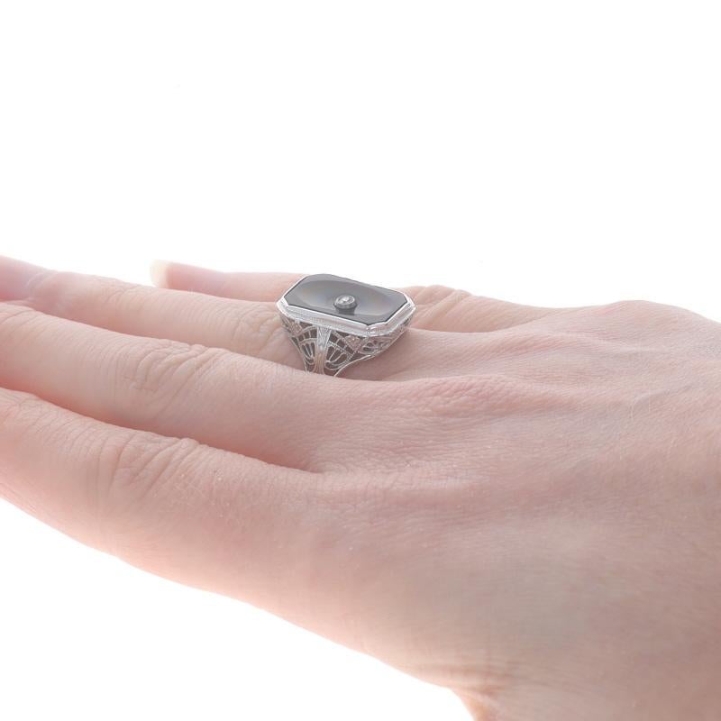 Donna Anello Art Deco in oro bianco con diamante e onice - 18k Vintage Filigrana con grana in vendita