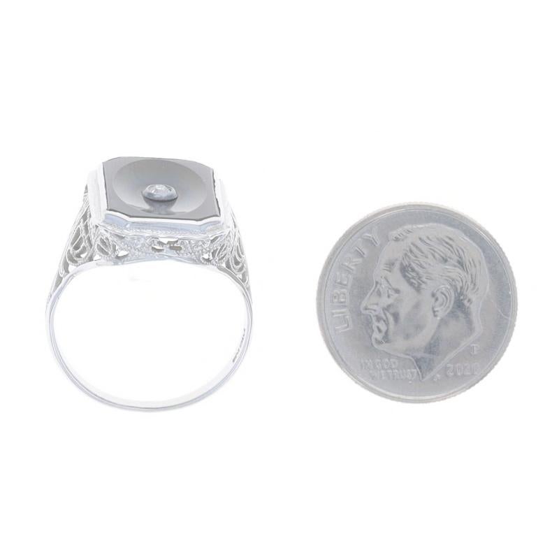 Anello Art Deco in oro bianco con diamante e onice - 18k Vintage Filigrana con grana in vendita 1