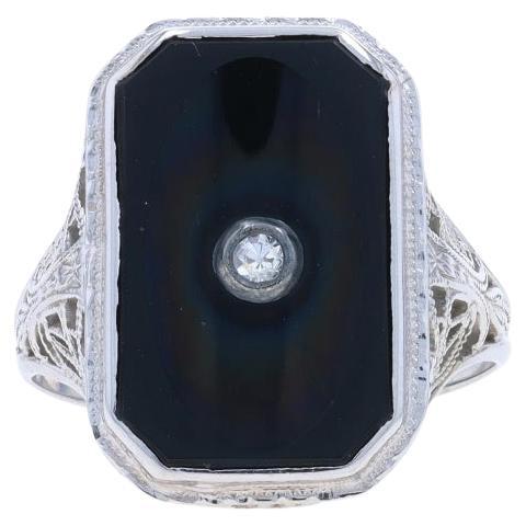 White Gold Onyx Diamond Art Deco Ring - 18k Vintage Filigree Milgrain