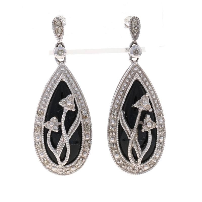 Women's White Gold Onyx & Diamond Dangle Earrings - 10k Flowers Teardrop Pierced For Sale