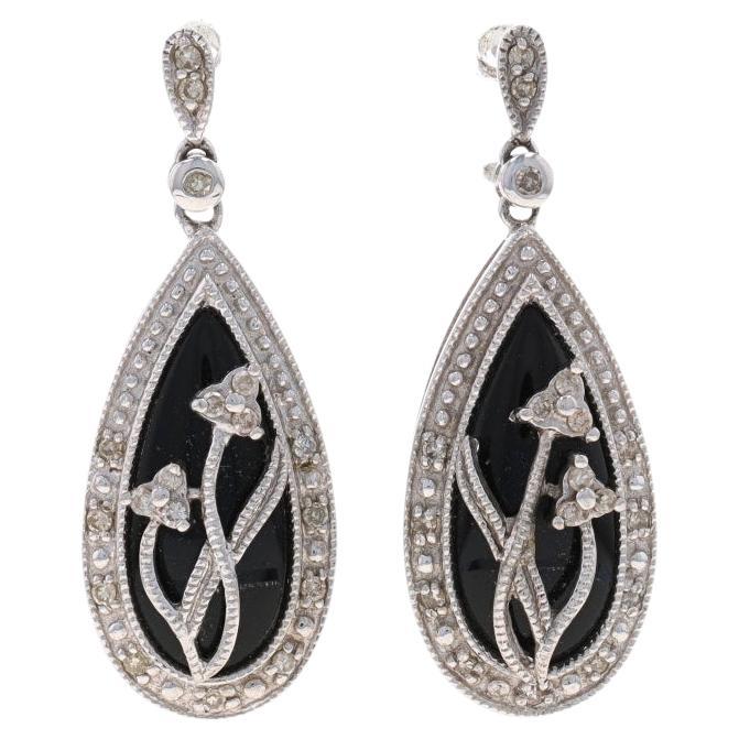 White Gold Onyx & Diamond Dangle Earrings - 10k Flowers Teardrop Pierced For Sale
