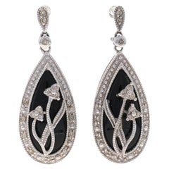 Boucles d'oreilles pendantes en or blanc Onyx et diamants - 10k Flowers Teardrop Pierce