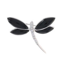 White Gold Onyx Diamond Dragonfly Brooch 18k Marquise Cabochon .16ctw Insect Pin