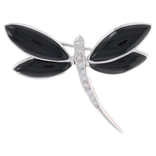 White Gold Onyx Diamond Dragonfly Brooch 18k Marquise Cabochon .16ctw Insect Pin