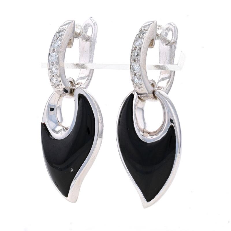 Round Cut White Gold Onyx & Diamond Huggie Hoop Dangle Earrings 14k .18ctw Leaves Pierced For Sale