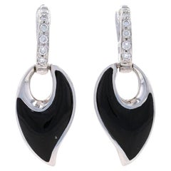 White Gold Onyx & Diamond Huggie Hoop Dangle Earrings 14k .18ctw Leaves Pierced