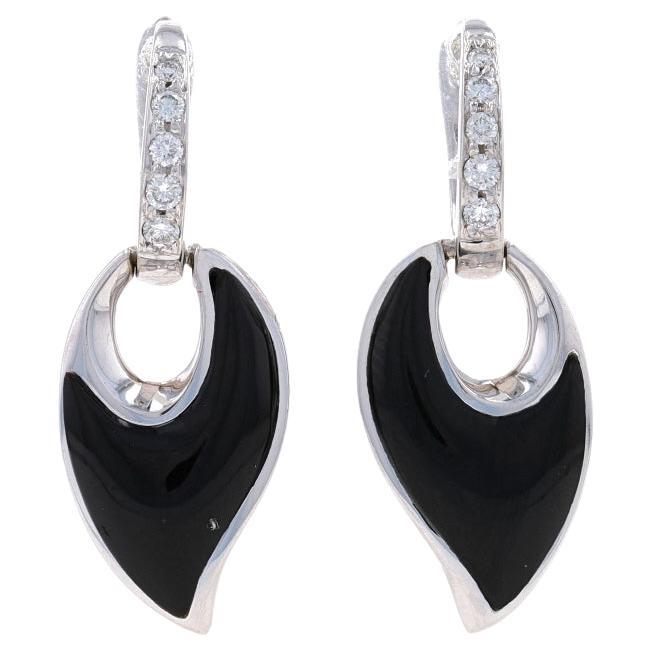 White Gold Onyx & Diamond Huggie Hoop Dangle Earrings 14k .18ctw Leaves Pierced For Sale