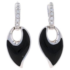Or blanc Onyx & Diamant Huggie Hoop Dangle Earrings 14k .18ctw Leaves Pierced