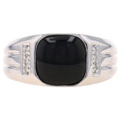 White Gold Onyx & Diamond Men's Ring - 10k Cabochon Cushion