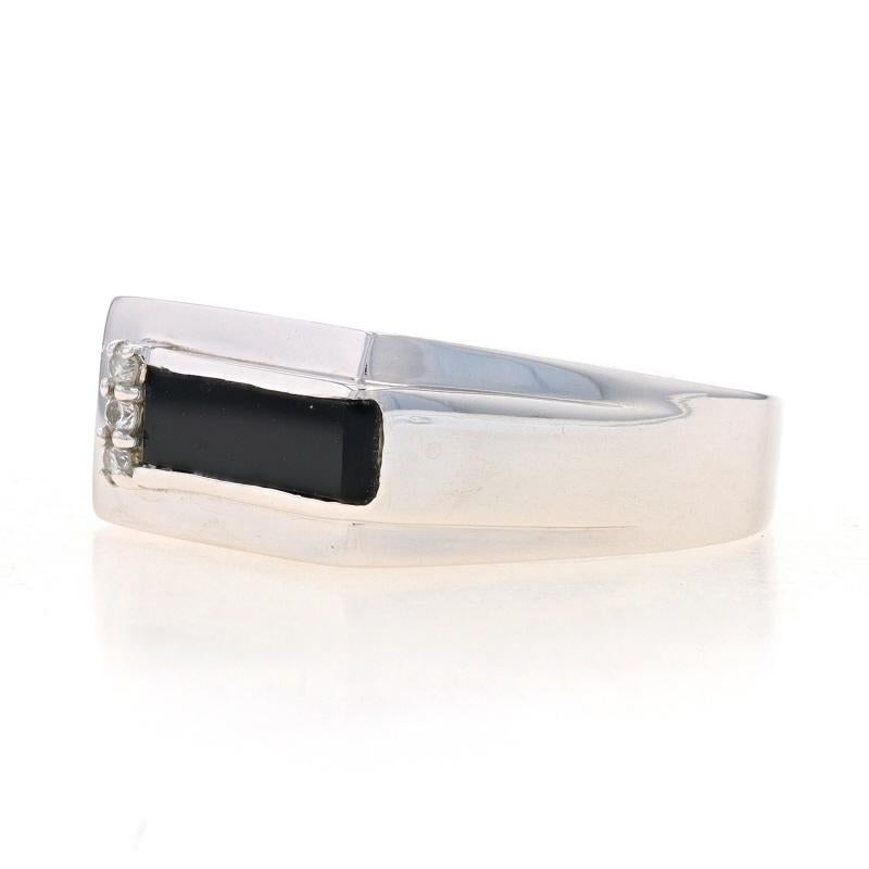 Round Cut White Gold Onyx & Diamond Men's Ring - 10k Geometric Rectangle For Sale