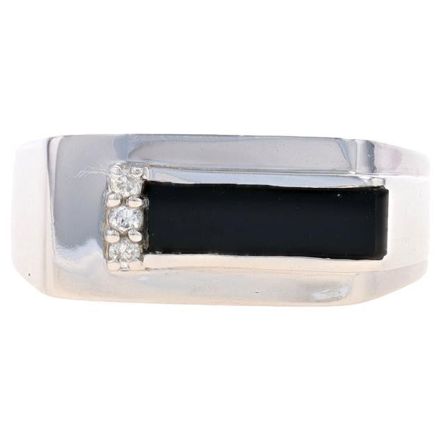 White Gold Onyx & Diamond Men's Ring - 10k Geometric Rectangle For Sale