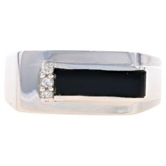 Vintage White Gold Onyx & Diamond Men's Ring - 10k Geometric Rectangle