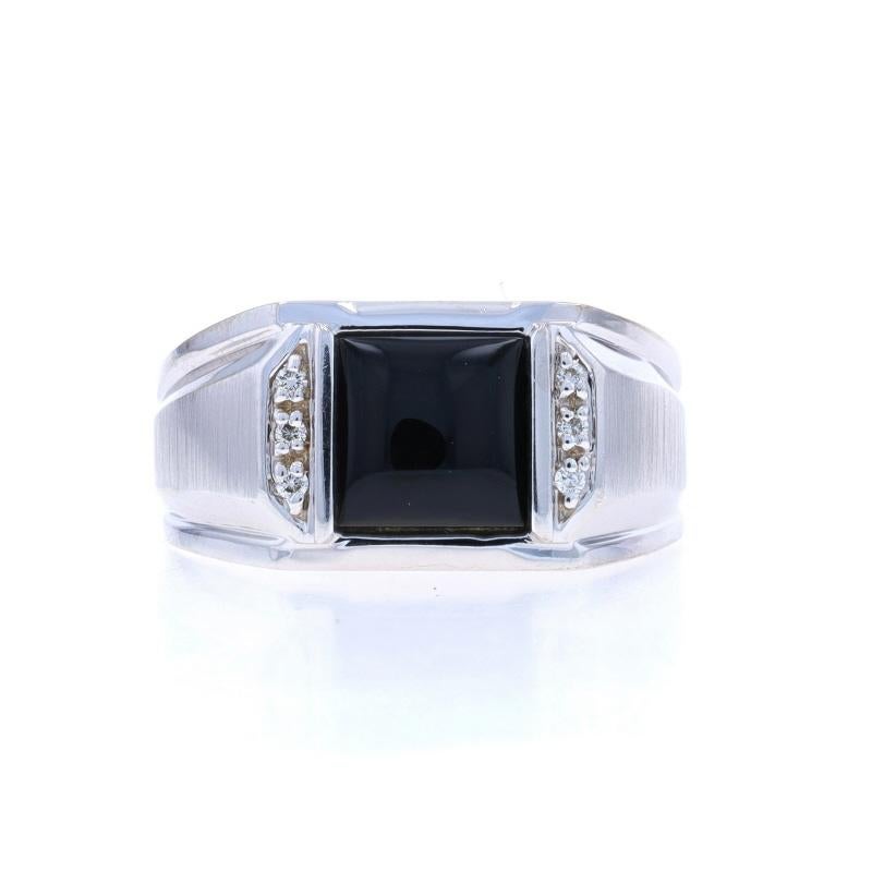 Size: 11
Sizing Fee: Down 1 size for $40

Metal Content: 14k White Gold

Stone Information

Natural Onyx
Cut: Square Cabochon
Color: Black

Natural Diamonds
Carat(s): .04ctw
Cut: Round Brilliant
Color: G
Clarity: VS1 - VS2

Style: Solitaire with