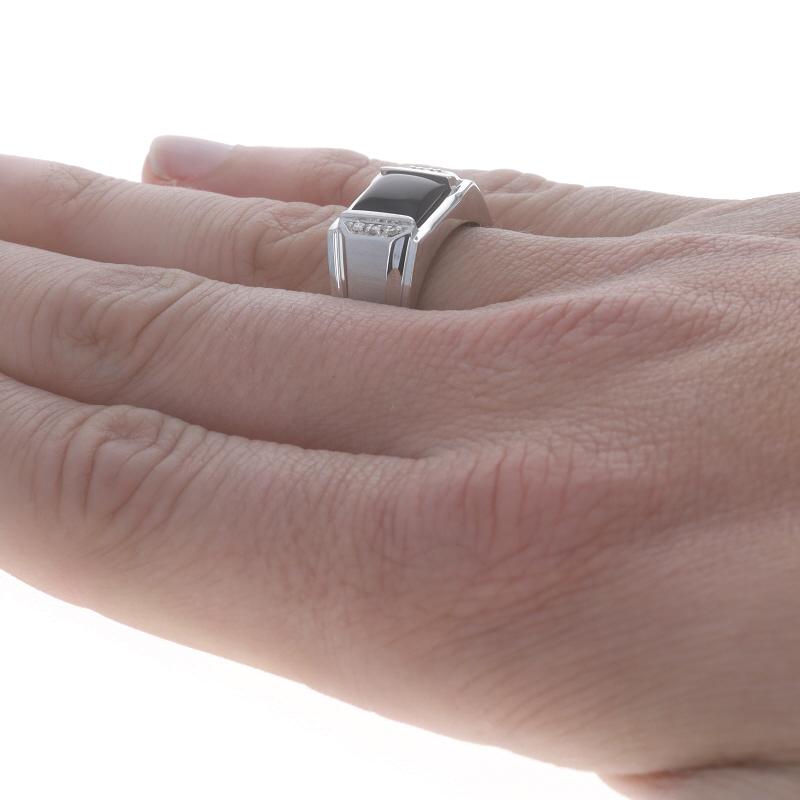 White Gold Onyx Diamond Men's Ring - 14k Square Cabochon Brushed 1