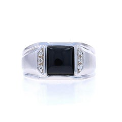 White Gold Onyx Diamond Men's Ring - 14k Square Cabochon Brushed