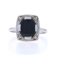 White Gold Onyx Diamond Vintage Ring - 14k Oval Cabochon