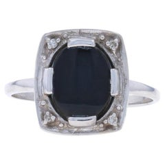 Vintage-Ring aus Weißgold mit Onyx und Diamant - 14k Oval-Cabochon