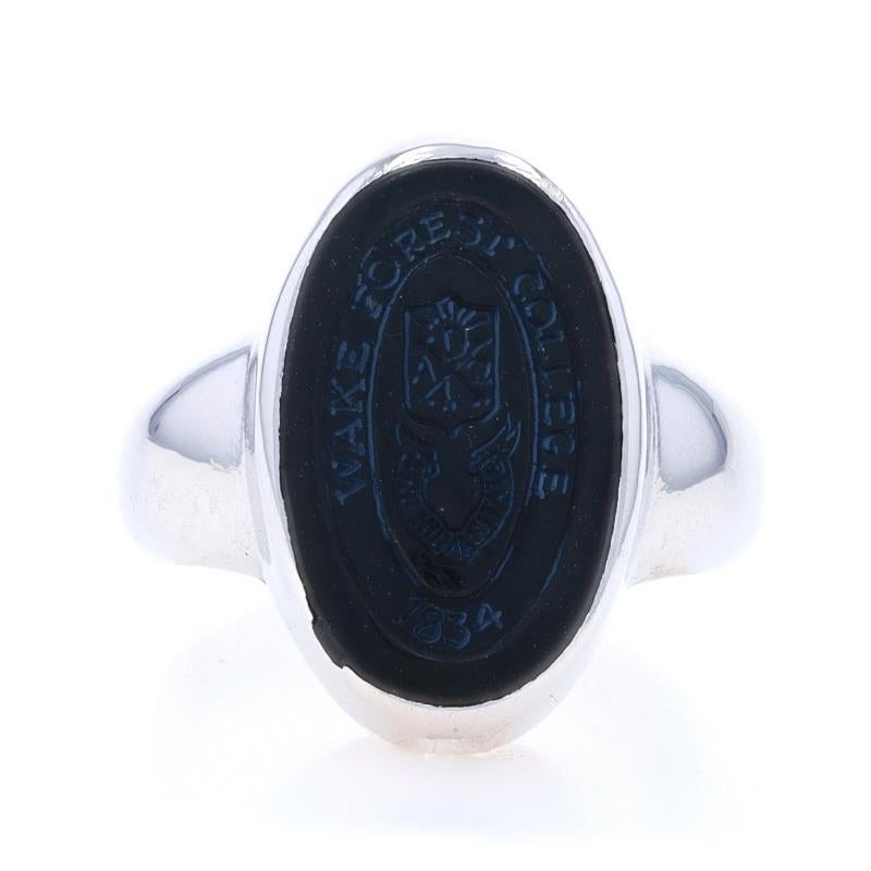 Size: 5 1/4
Sizing Fee: Up 1 size for $40 or Down 2 sizes for $40

School: Wake Forest University (formerly Wake Forest College)
Era: Vintage

Metal Content: 10k White Gold

Stone Information

Natural Onyx
Cut: Intaglio
Color:
